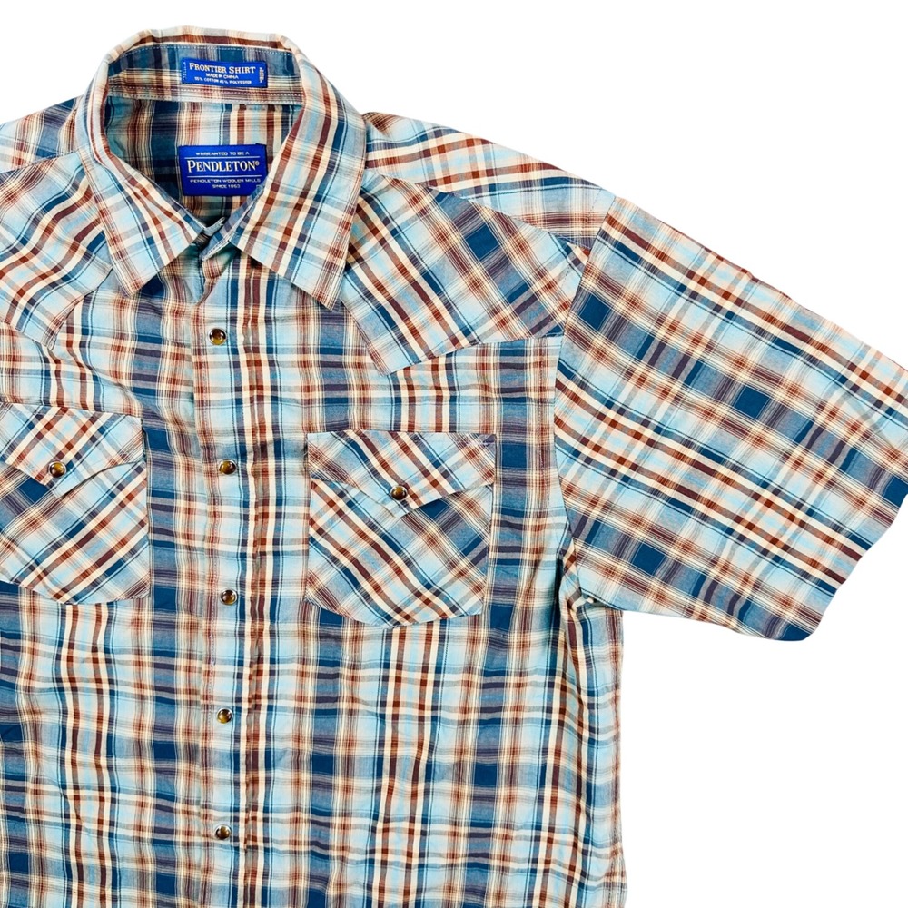 Pendleton Frontier Shirt Men's M Blue Brown Plaid Western Pearl Snap Rodeo Work